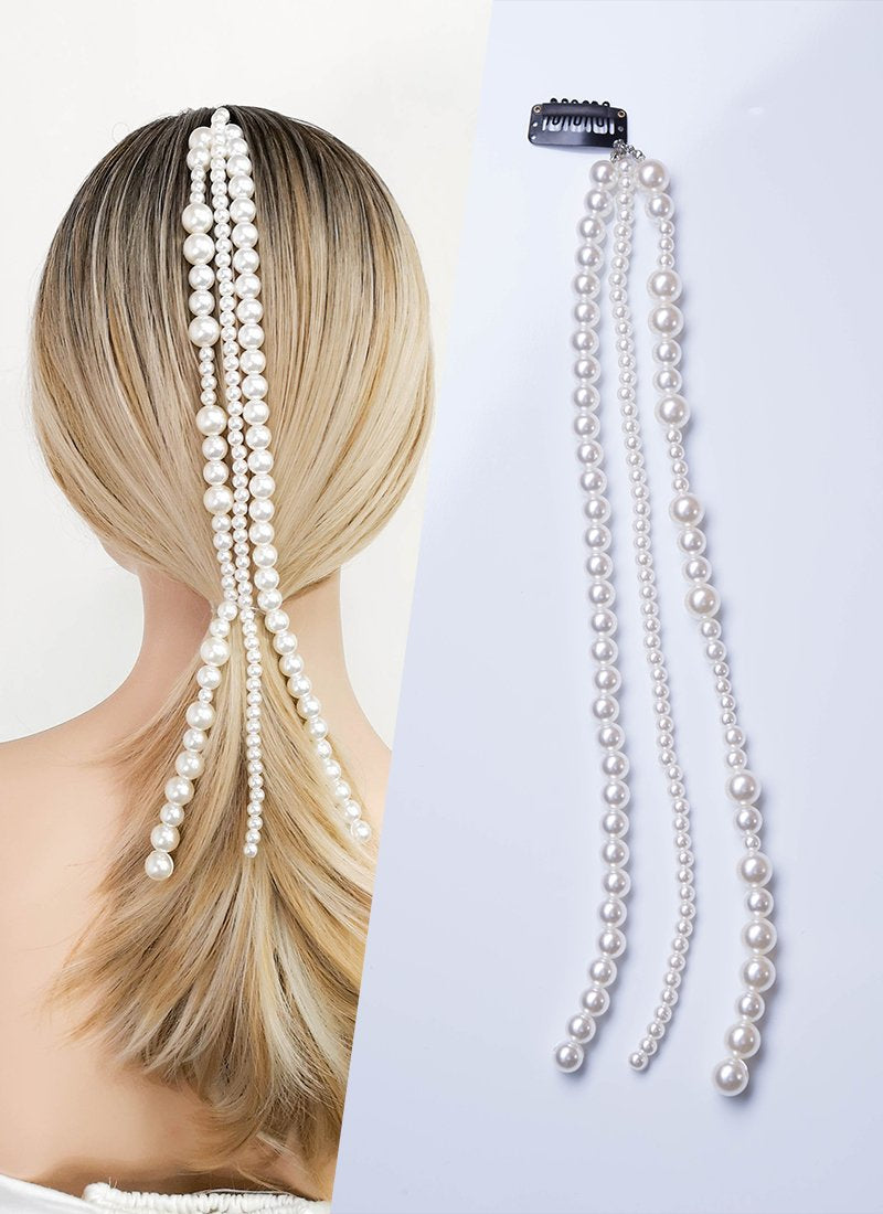 White Beads Strand Clip on Hair Accessories HD002