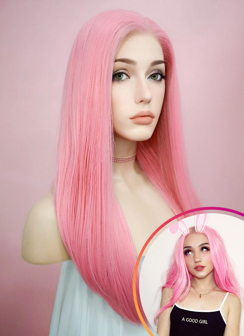 Pink wig with bangs best sale