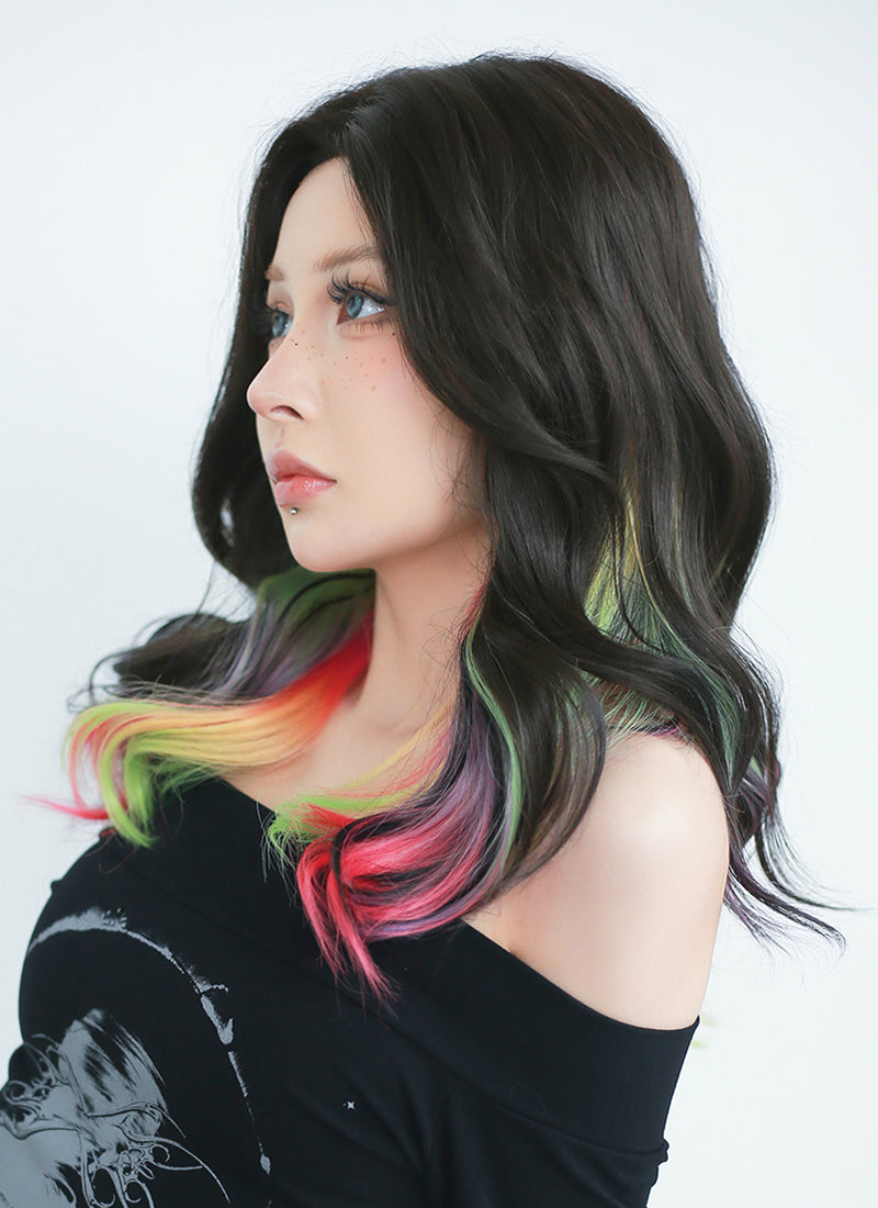 Black Rainbow Color Wavy Lace Front Synthetic Wig LF3286