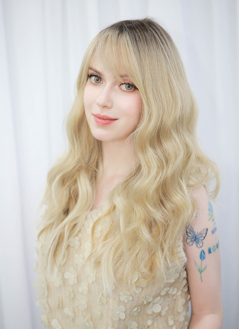 Blonde With Dark Roots Wavy Mono Top Lace Wig MN007