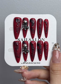 Gothic Dark Red Demon Face Almond Handmade Press-On Nails NF023