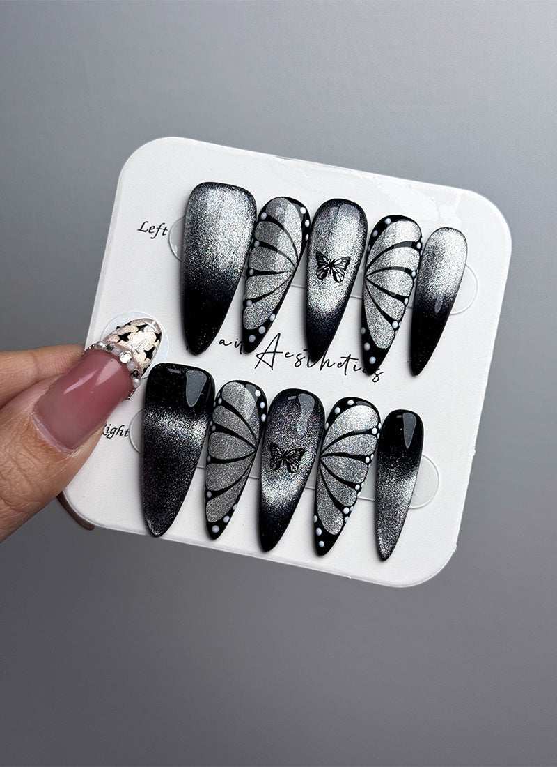 Black Butterfly Cat-Eye Y2K Dark Set Almond Handmade Press-On Nails NF028