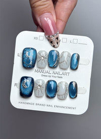 Athena Blue Cat-Eye Square Handmade Press-On Nails NF031