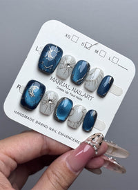 Athena Blue Cat-Eye Square Handmade Press-On Nails NF031