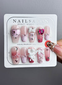 Pink Blushing Gradient Bow-Tie Cupid Heart Coffin Handmade Press-On Nails NF048