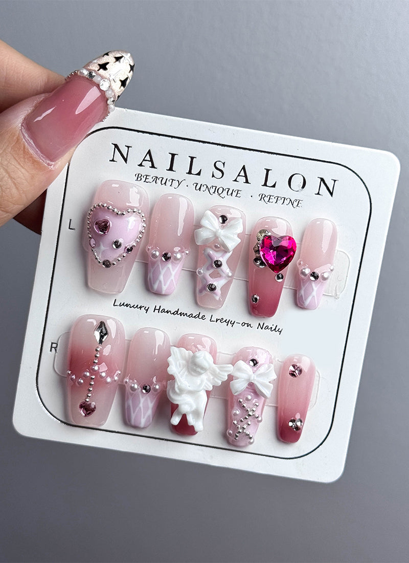 Pink Blushing Gradient Bow-Tie Cupid Heart Coffin Handmade Press-On Nails NF048