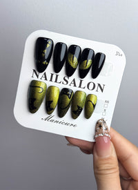 Black with Green Cat-Eye & Green with Black Cat Motif Almond Handmade Press-On Nails NF055