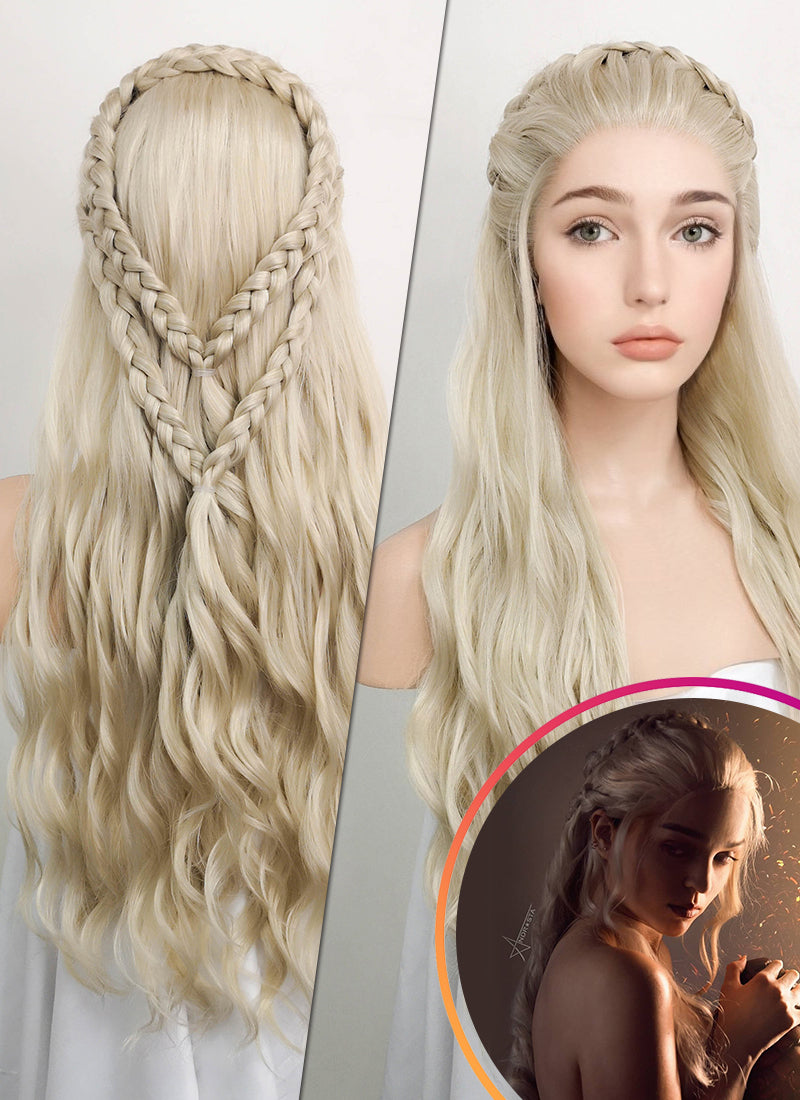 Game of Thrones Daenerys Targaryen Wavy Light Ash Blonde Braided Lace Front Synthetic Wig LF2021