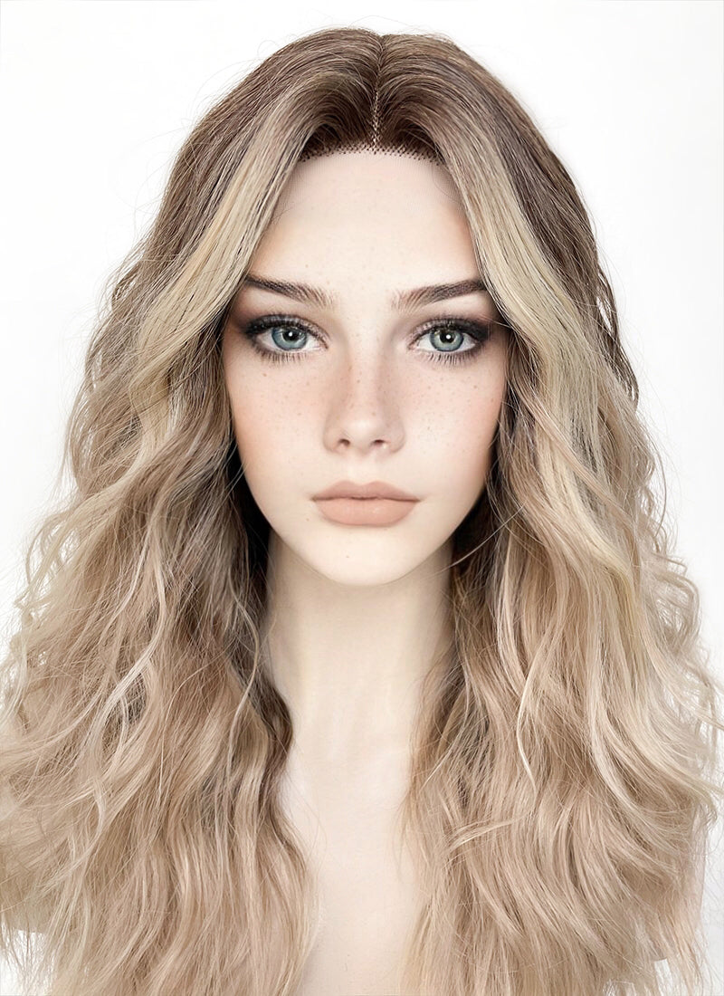 Balayage Blonde Highlights Money Piece Wavy Lace Front Synthetic Wig LF3233