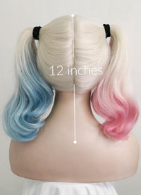 Wavy Blonde Harley Quinn Synthetic Pink Blue Ponytail Lace Front Wig LF853E