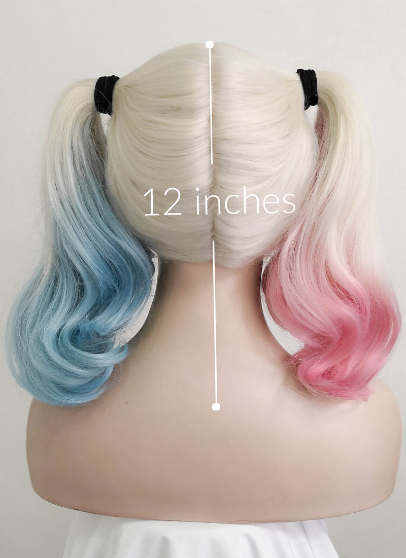 Wavy Blonde Harley Quinn Synthetic Pink Blue Ponytail Lace Front Wig LF853E