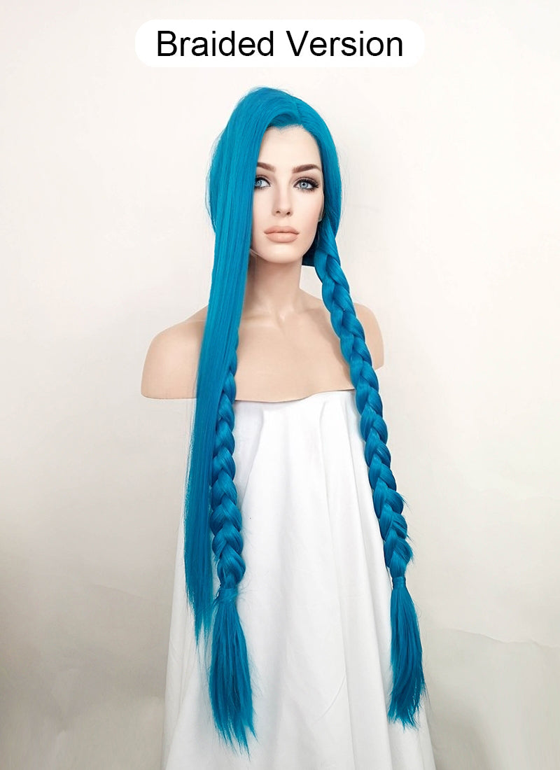 League of Legends LOL Arcane Jinx Turquoise Blue Straight Lace Front Synthetic Wig LN6020