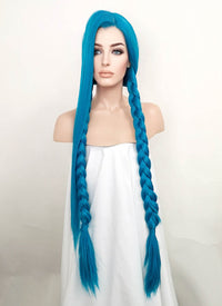 League of Legends LOL Jinx Turquoise Blue Straight Lace Front Synthetic Wig LN6020