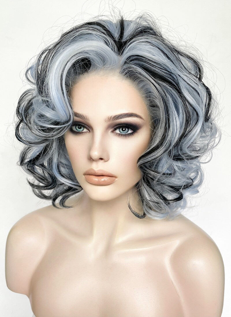 Pastel Blue Mixed Black Curly Lace Front Synthetic Hair Wig LN6035