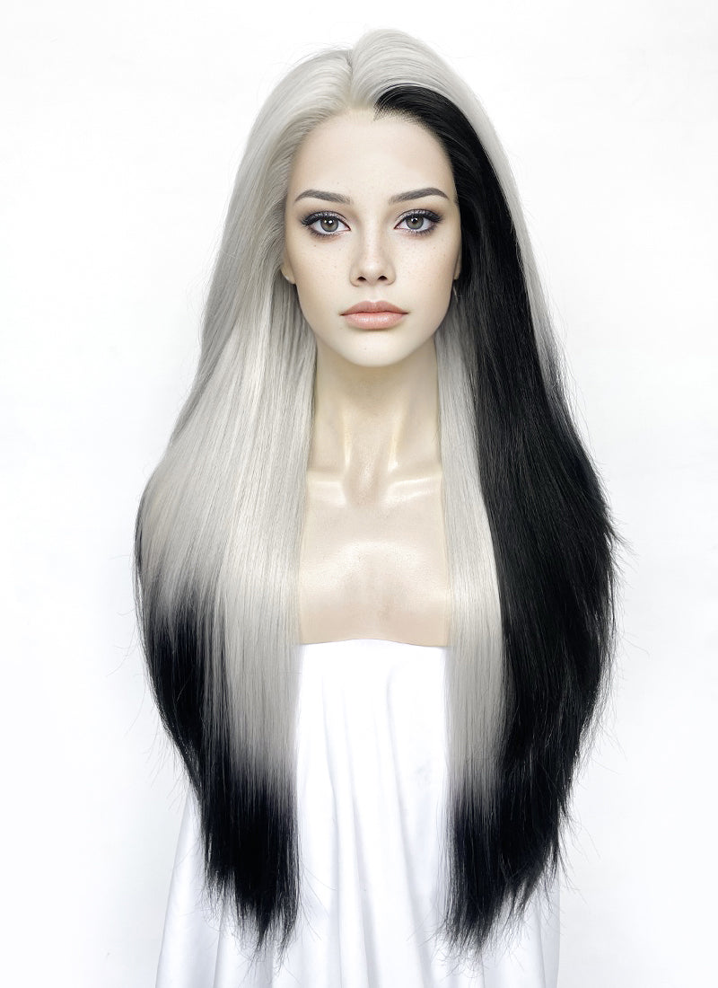 Grey Mixed Black Straight Lace Front Synthetic Wig LN6039