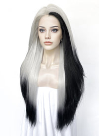 Grey Mixed Black Straight Lace Front Synthetic Wig LN6039