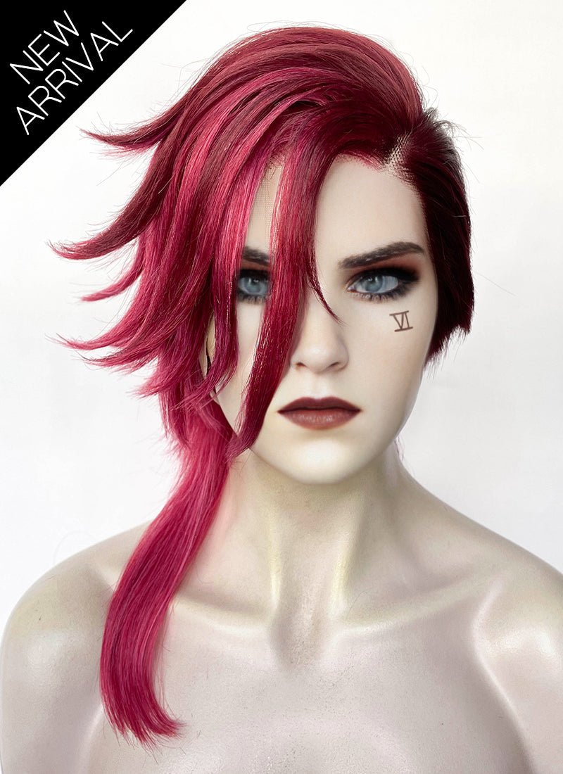 League of Legends LOL Arcane Vi Two Tone Red Straight Lace Front Synthetic Wig LN6041A