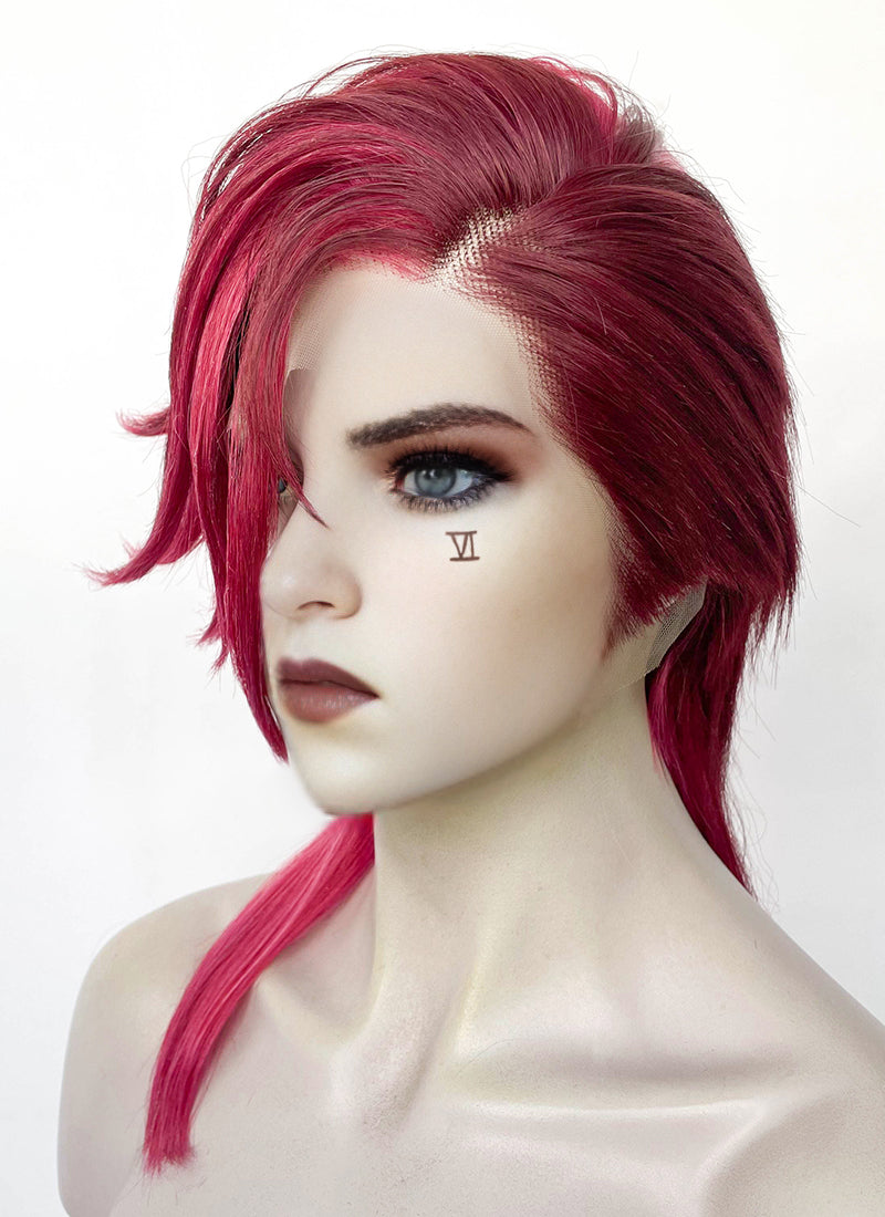 League of Legends LOL Arcane Vi Two Tone Red Straight Lace Front Synthetic Wig LN6041A