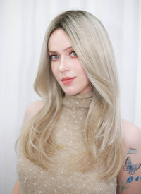 Blonde With Dark Roots Straight Mono Top Lace Wig MN001