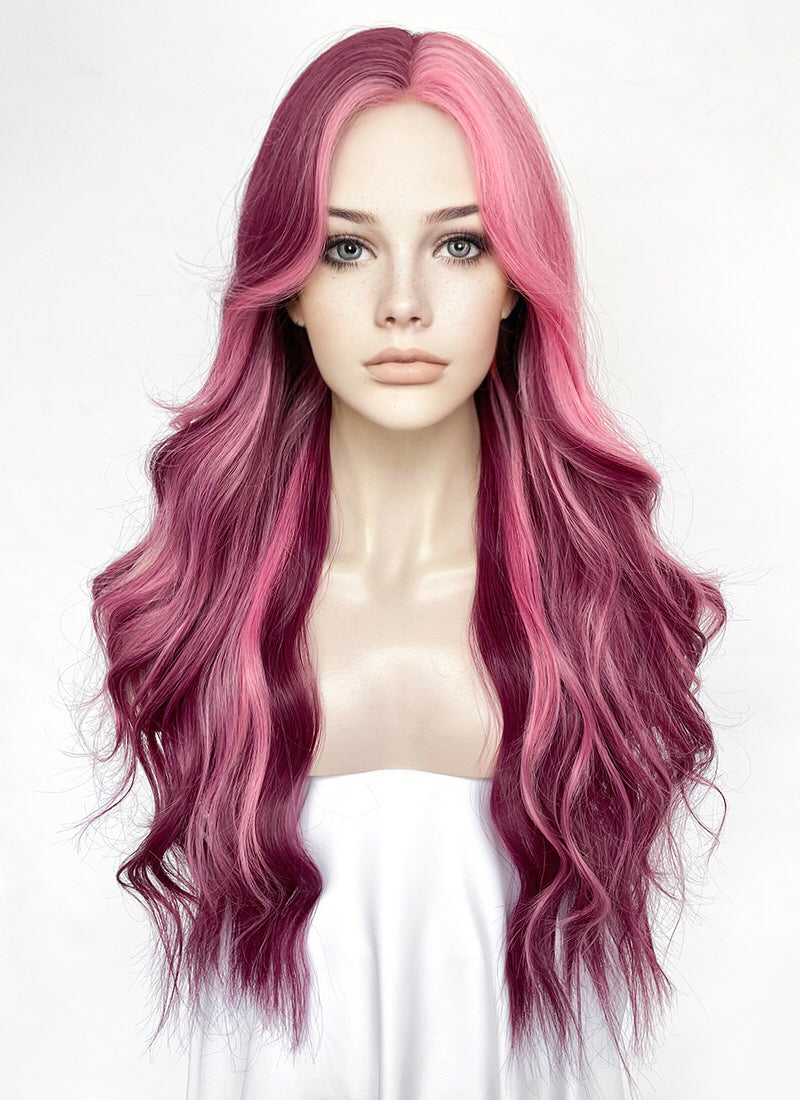 Purple With Pink Highlights Wavy Synthetic Wig NL088