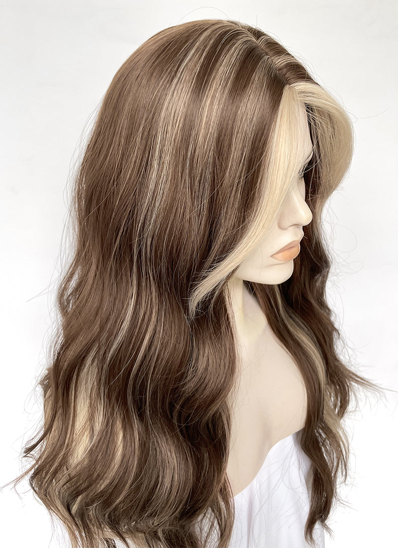 Brown With Blonde Highlight Money Piece Wavy Synthetic Hair Wig NL091