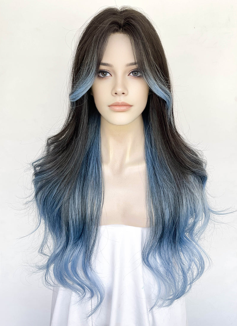 Brunette Mixed Light Blue Wavy Synthetic Hair Wig NL092