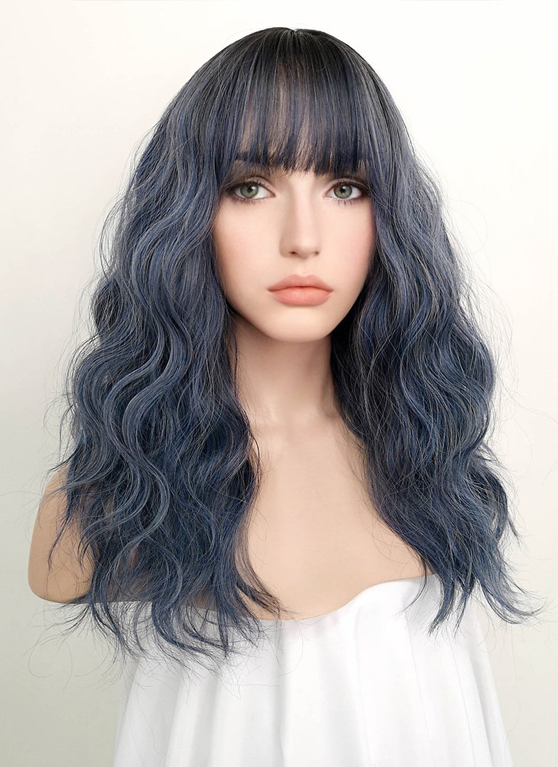 Dark Blue With Dark Roots Wavy Synthetic Wig NS054