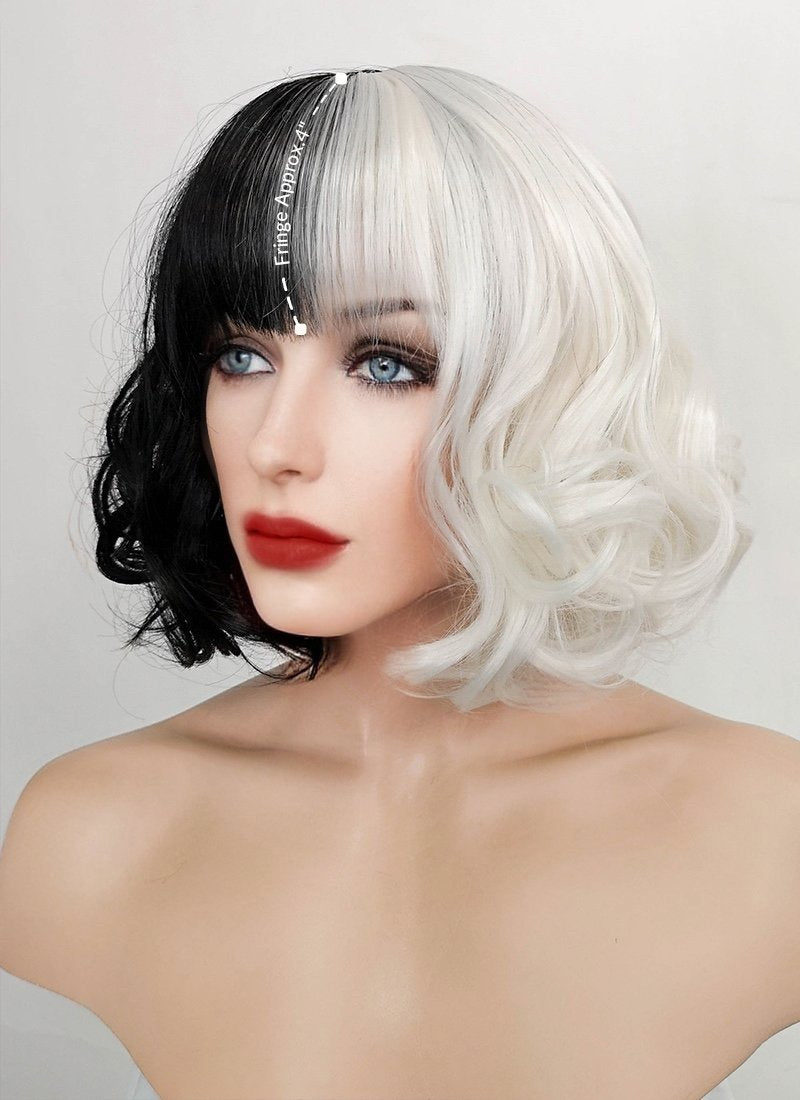 Cruella Black White Split Gemini Color Wavy Bob Synthetic Wig NS200