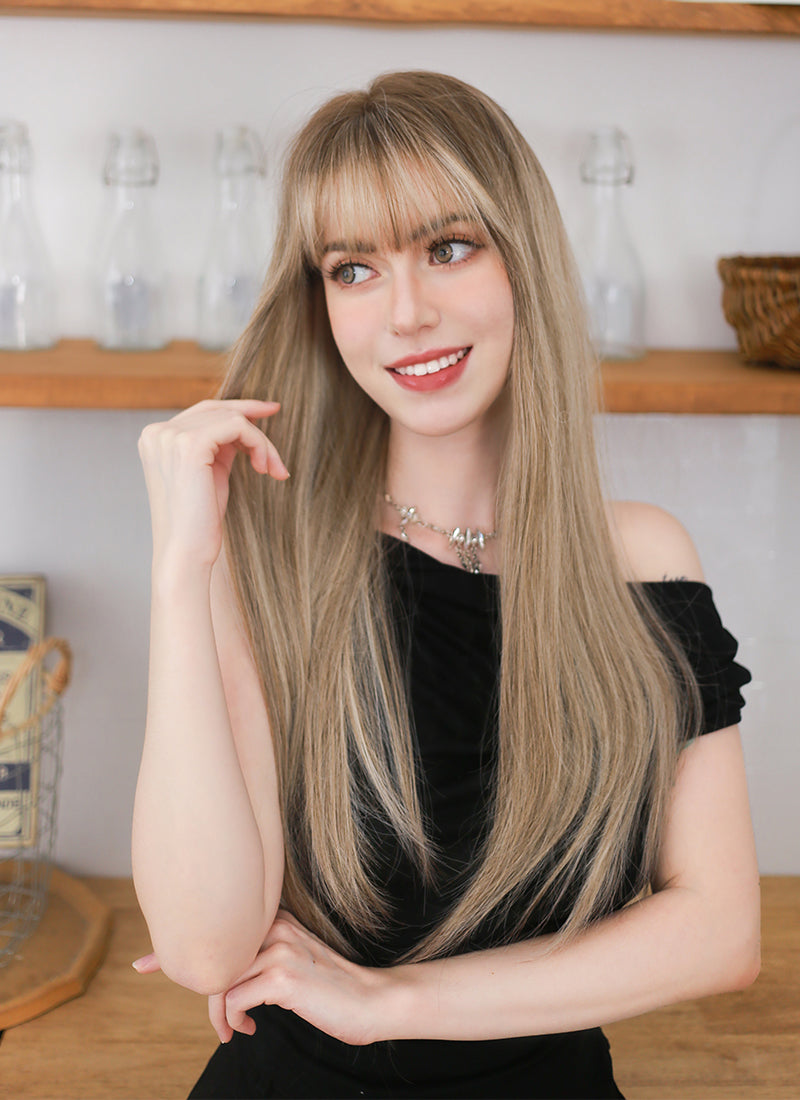 Brown With Blonde Highlights Straight Synthetic Hair Wig NS525