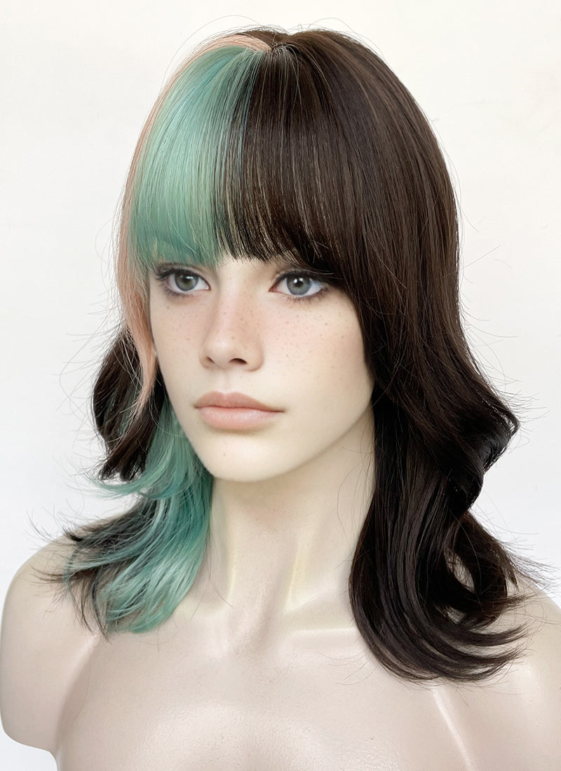 Green Pink Mixed Brunette Wavy Synthetic Hair Wig NS563