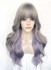 Pastel Grey Mixed Purple Wavy Synthetic Hair Wig NS571