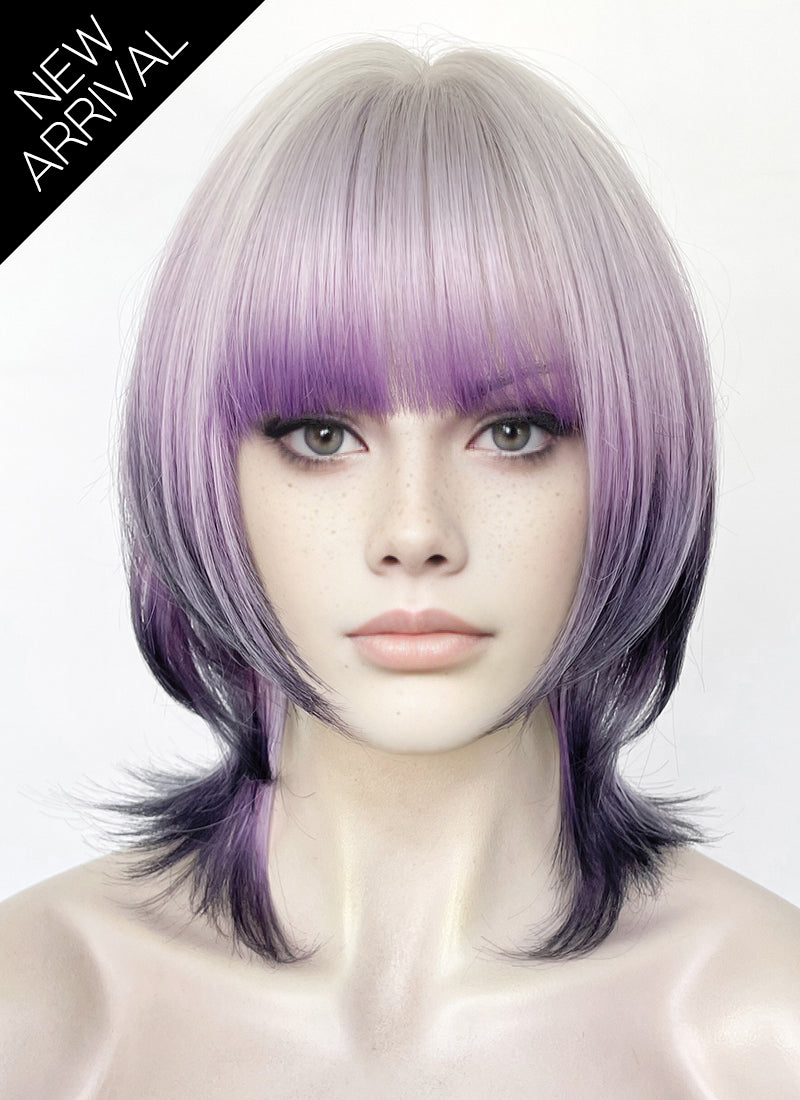 Grey Purple Mixed Straight Synthetic Hair Wig NS586