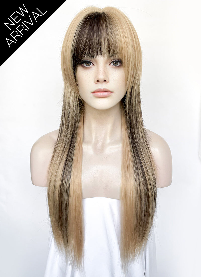 Medium Blonde Mixed Black Straight Synthetic Hair Wig NS588