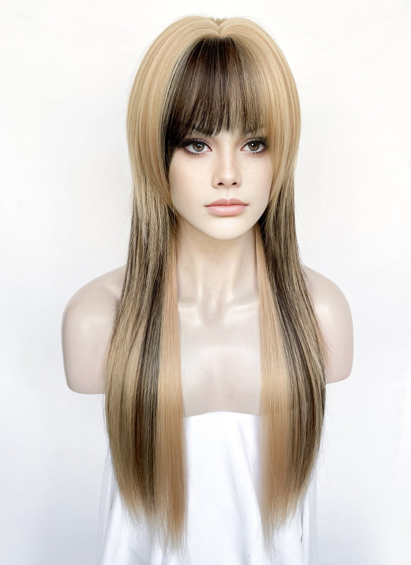 Medium Blonde Mixed Black Straight Synthetic Hair Wig NS588