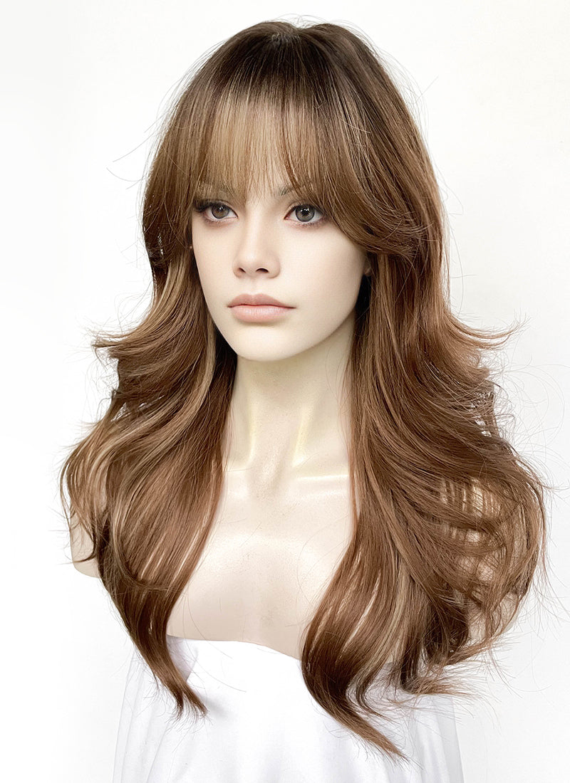 Brown Mixed Blonde With Dark Roots Wavy Synthetic Hair Wig NS592