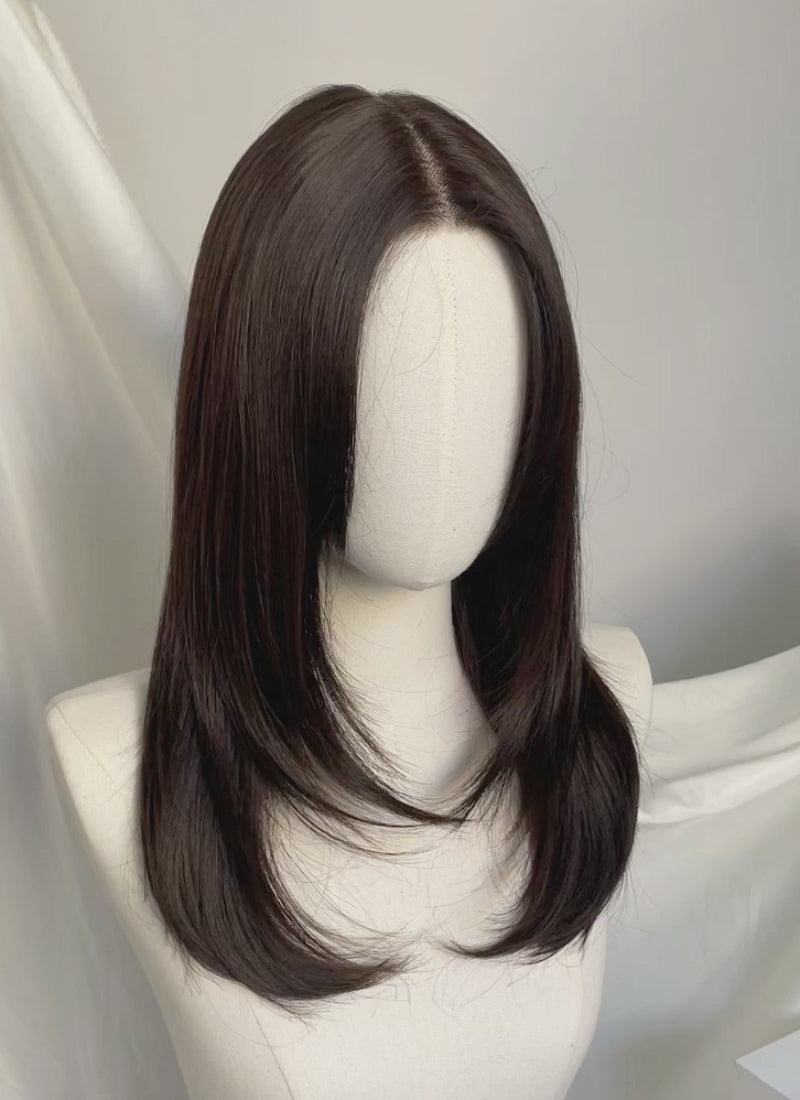 Dark Brown Curtain Bangs Straight Layered Hush Cut Lace Front Synthetic Hair Wig LF3325