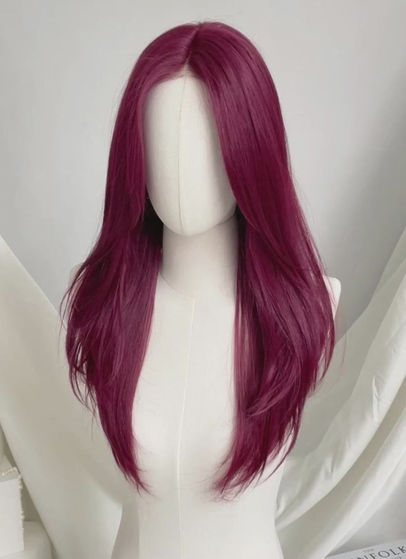 Burgundy Curtain Bangs Straight Lace Front Synthetic Hair Wig LF3328