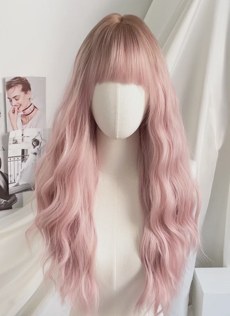 Pastel Pink With Brown Roots Wavy Synthetic Hair Wig NS516