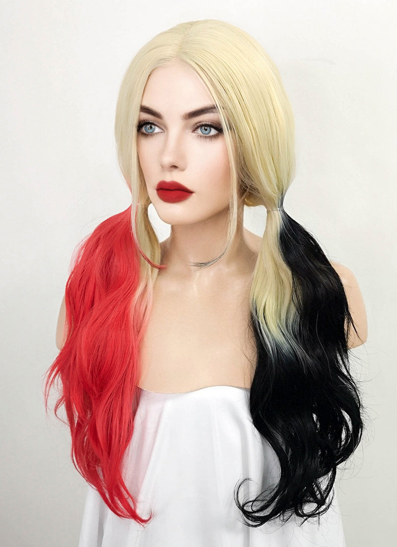 Blonde Harley Quinn Synthetic Red Black Ponytail Wavy Lace Front