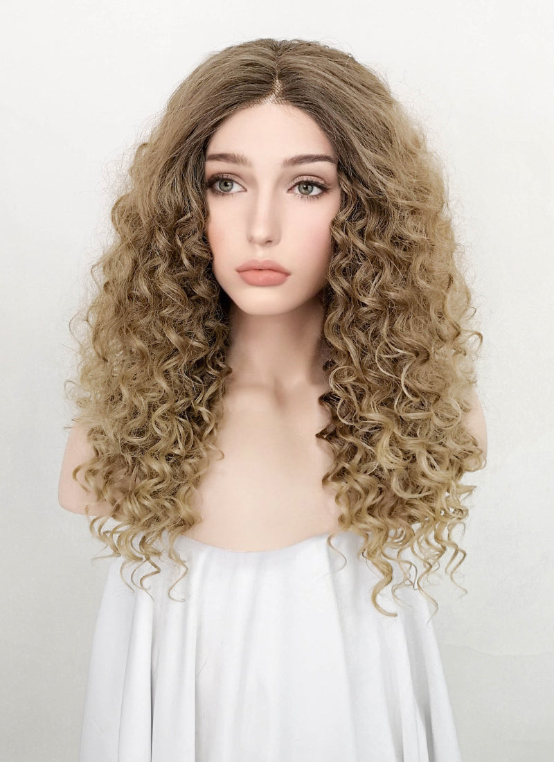 Mixed Blonde With Brown Roots Curly Lace Front Kanekalon Synthetic Wig LF3242