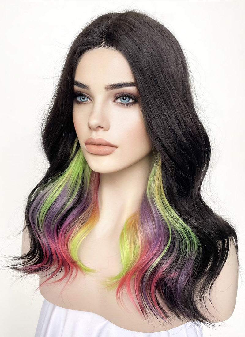 Black Rainbow Color Wavy Lace Front Synthetic Wig LF3286