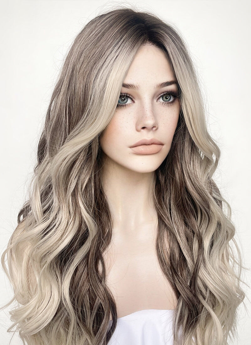 Balayage Blonde Highlights Money Piece With Dark Roots Wavy Lace Front Synthetic Wig LF3293