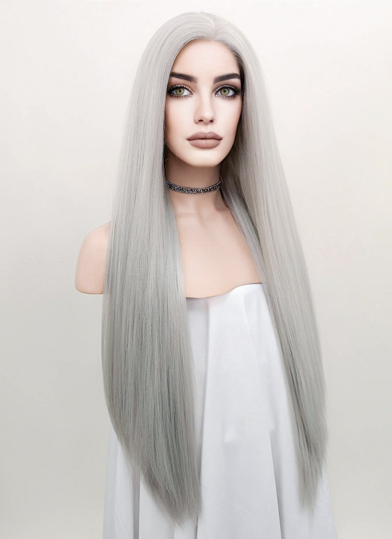 Straight Yaki Silver Grey Lace Front Synthetic Wig LF624N Wig Is