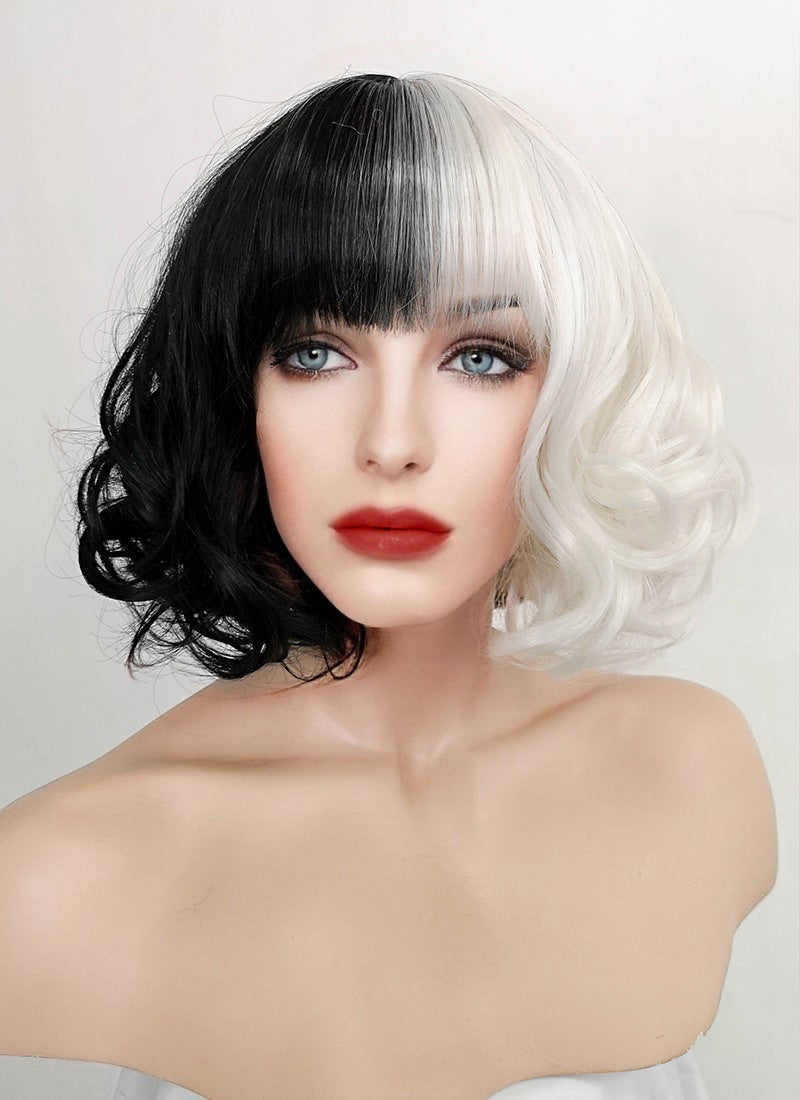 Cruella Black White Split Gemini Color Wavy Bob Synthetic Wig