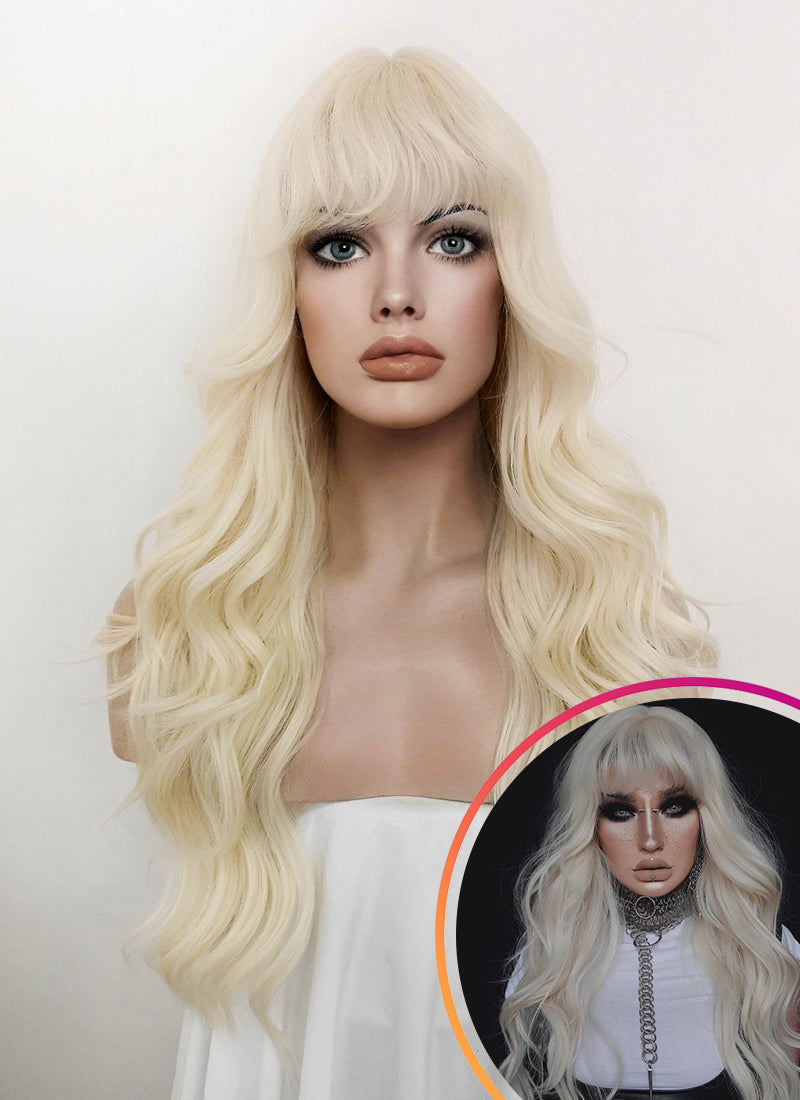 Ice White Ashy Wavy Curly Long 30 Inches Wig Fringe Bangs hotsell Center Part Platinum Peroxide Blonde