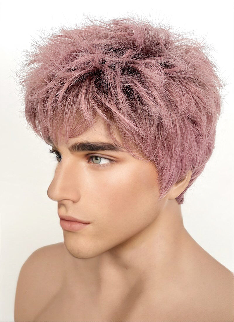 Ash Pink With Dark Roots Straight Pixie Synthetic Men s Hair Wig NS427